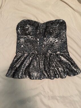 Rebecca Taylor Strapless Sequin Peplum Top - Silver, Size 6